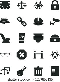 Solid Black Vector Icon Set - mark of injury vector, spectacles, scales, toys over the cot, diaper, nappy, car child seat, warm hat, construction helmet, dust bin, lock, glasses, biohazard, uv cream
