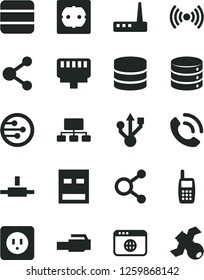 Solid Black Vector Icon Set - power socket type b vector, f, big data, phone call, connection, connections, scheme, mobile, usb, router, network, browser, connect, lan connector, wireless, satellite