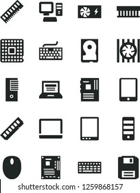 Solid Black Vector Icon Set - laptop vector, keyboard, processor, computer, tablet pc, notebook, radiator fan, mouse, power supply, tower, motherboard, memory, hdd, floppy
