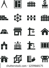Solid Black Vector Icon Set - house vector, box of bricks, brick wall, window, frame, ceramic tiles, fence, hedge, paving slab, tower crane, Construction, drawing compass, 3d cube, dollar column