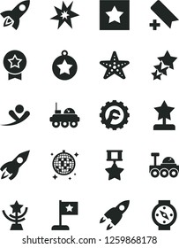 Solid Black Vector Icon Set - add bookmark vector, star gear, rocket, lunar rover, bang, cup, reward, medal, flag, hero, three stars, flying man, disco ball, starfish, compass