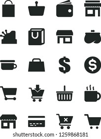 Solid Black Vector Icon Set - paper bag vector, grocery basket, bank card, dollar, children's potty, put in cart, crossed, with handles, cup of tea, kiosk, stall, shopping, wallet, purse, hand