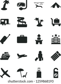 Solid Black Vector Icon Set - sand castle vector, plane, camper, passenger, suitcase, rolling, case, tent, beach, arnchair under umbrella, palm tree, aquapark, diving mask, baggage, hotel, cruiser