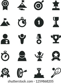 Solid Black Vector Icon Set - racer vector, stopwatch, winner, podium, prize, gold cup, star, reward, man with medal, motivation, mountain flag, target, purpose, first place, pennant, ribbon, tennis