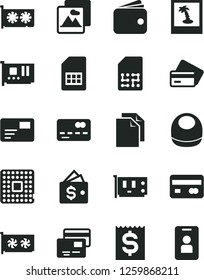 Solid Black Vector Icon Set - clean paper vector, baby bib, picture, pass card, cards, processor, SIM, reverse side of a bank, front the, financial item, wallet, pc, gpu, credit, photo, access