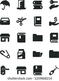Solid Black Vector Icon Set - folder vector, book, open pin, e, books, door knob, umbrella, drawer, package, kiosk, stall, get a wage, arm with key, exit, grand opening, champagne