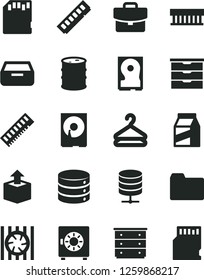 Solid Black Vector Icon Set - folder vector, storage unit, chest of drawers, big data, server, suitcase, drawer, strongbox, package, hanger, unpacking, barrel, radiator fan, memory, hdd, sd card