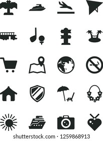 Solid Black Vector Icon Set - earth vector, bus, hang glider, arrival, boungalow, arnchair under umbrella, sun, hawaii wreath, restaurant, camera, map, shield, cart, no smoking sign, signpost, golf