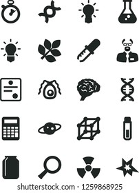 Solid Black Vector Icon Set - jar vector, flask, test tube, nuclear, zoom, dna, bulb, brain, bactery, pipette, scientist, calculator, saturn, biology, stopwatch, patente, 3d cube, bang