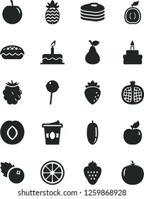 Solid Black Vector Icon Set - cake vector, birthday, apple pie, Chupa Chups, coffe to go, blueberries, strawberry, pear, pancakes, half pomegranate, apricot, plum, raspberry, blackberry, date fruit