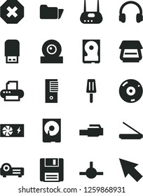 Solid Black Vector Icon Set - mark of injury vector, popsicle, pc power supply, tower, web camera, hdd, router, cd, printer, scanner, usb flash, headphones, folder, connect, floppy, lan connector