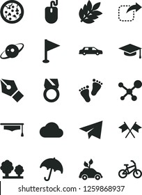 Solid Black Vector Icon Set - paper airplane vector, pennant, footprints, umbrella, move right, pizza, trees, environmentally friendly transport, mouse, cloud, molecule, graduate hat, saturn, bike