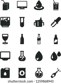 Solid Black Vector Icon Set - measuring cup for feeding vector, packing of juice with a straw, drop, screen, glass soda, tea, bottle, liquor, round flask, oil, canister, monitor, test tube, pipette