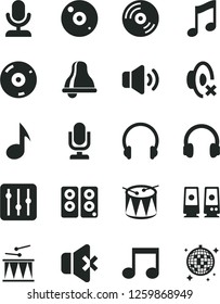Solid Black Vector Icon Set - bell vector, desktop microphone, silent mode, drumroll, drum, headphones, music, CD, regulator, volume, no sound, pc speaker, note, disco ball