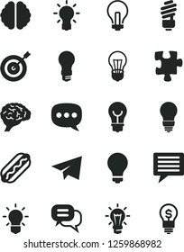 Solid Black Vector Icon Set - image of thought vector, matte light bulb, incandescent lamp, paper airplane, Puzzle, saving, Hot Dog, speech, brain, target, dialog, idea