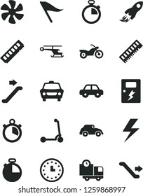 Solid Black Vector Icon Set - lightning vector, stopwatch, wind direction indicator, motor vehicle, child Kick scooter, dangers, timer, car, delivery, marine propeller, retro, space rocket, memory