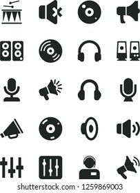 Solid Black Vector Icon Set - horn vector, loudspeaker, drumroll, microphone, CD, regulator, volume, no sound, operator, megaphone, headphones, pc speaker, settings