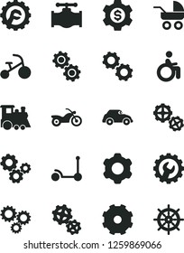 Solid Black Vector Icon Set - truck lorry vector, baby carriage, children's train, tricycle, Kick scooter, gears, cogwheel, gear, star, valve, retro car, three, dollar, motorcycle, disabled