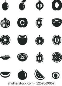 Solid Black Vector Icon Set - slices of onion vector, orange slice, half apricot, pomegranate, medlar, mango, peach, melon, tangerine, loquat, cherry, passion fruit, kiwi, sour lime, piece coconut