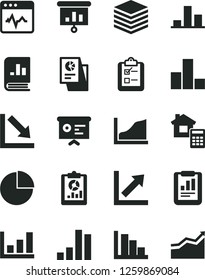 Solid Black Vector Icon Set - pie chart vector, bar, growth, negative, positive histogram, estimate, cardiogram, pile, survey, statistical report, overview, book on statistics, research, financial