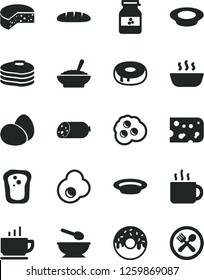 Solid Black Vector Icon Set - deep plate with a spoon vector, coffee, sausage, piece of cheese, eggs, loaf, cake hole, glazed, bowl buckwheat porridge, hot, milk, cup tea, fried egg, omelette, cafe