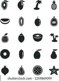 Solid Black Vector Icon Set - a pineapple vector, medlar, mango, half of, loquat, date fruit, passion, sweet, kiwi, tamarillo, guawa, piece coconut, slice, ripe guava, part, palm tree, starfish