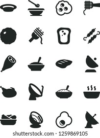 Solid Black Vector Icon Set - plates and spoons vector, spaghetti, noodles, a bowl of buckwheat porridge, rice, hot, lettuce in plate, chicken, grill leg, chop, meat on skewers, cabbage, fried egg