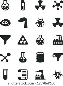 Solid Black Vector Icon Set - round flask vector, manufacture, factory, barrel, industrial building, radiation, carbon dyoxide, filter, water, research article, test tube, molecule, nuclear