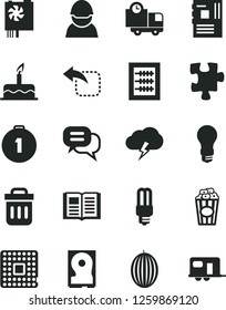 Solid Black Vector Icon Set - new abacus vector, cake, Puzzle, book, storm cloud, delivery, move left, cup of popcorn, melon, light bulb, racer, mercury, processor, pc power supply, motherboard, hdd