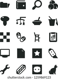 Solid Black Vector Icon Set - purse vector, clean sheet of paper, toys over the cradle, children's sand set, a chair for feeding child, shoes, power socket type f, tile, knife, Hot Dog, mushroom