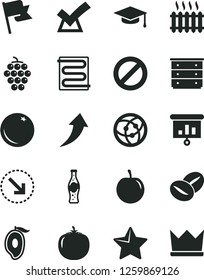 Solid Black Vector Icon Set - prohibition vector, chest of drawers, heating coil, star, flag, right bottom arrow, coffee beans, bottle soda, orange, large grape, half mango, tasty plum, persimmon