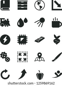 Solid Black Vector Icon Set - Tassel Vector, Clockwise, Negative Chart, Storage Unit, Children's Train, E, Map, Artificial Satellite, Size, Cup Of Tea, Ripe Pepper, Beet, Planet Earth, Gears, Drop