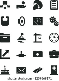 Solid Black Vector Icon Set - envelope vector, loudspeaker, growth chart, bib, bag of a paramedic, folder, cake, porcini, gears, Construction crane, portfolio, hierarchical scheme, catch coin
