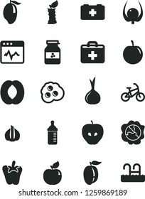 Solid Black Vector Icon Set - first aid kit vector, measuring bottle for feeding, bag of a paramedic, cardiogram, peper, omelette, jar jam, squash, apricot, tasty apple, mango, half peach, ripe plum