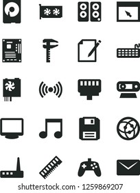 Solid Black Vector Icon Set - notes vector, calipers, keyboard, pc power supply, motherboard, memory, gpu card, monitor, web camera, hdd, router, speaker, network, browser, floppy, lan connector