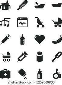 Solid Black Vector Icon Set - toys over the cradle vector, measuring cup for feeding, bottle, powder, baby, stroller, carriage, summer, electronic thermometer e, mercury, children's bathroom, bath