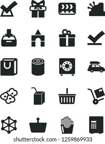 Solid Black Vector Icon Set - grocery basket vector, packing of juice with a straw, box bricks, put in, strongbox, bag handles, gift, shipment, tin, fried potato slices, popcorn, conveyor, shopping