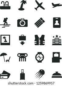 Solid Black Vector Icon Set - plane vector, backpacker, identity card, rolling suitcase, baggage scanner, getting, credit, arnchair under umbrella, palm tree, pool, hotel, camera, photo, life vest