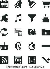 Solid Black Vector Icon Set - calendar vector, grocery basket, renewal, minus, silent mode, rss feed, upload folder, calculation, putty knife, bell, music, regulator, birthday cake, cart, filter
