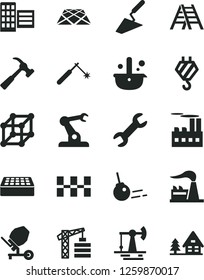 Solid Black Vector Icon Set - tower crane vector, hook, trowel, concrete mixer, ladder, city block, ceramic tiles, brick, pavement, hammer with claw, core, working oil derrick, factory, welding