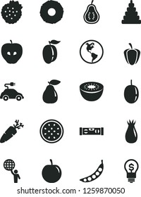 Solid Black Vector Icon Set - stacking toy vector, building level, carrot, strawberries, pear, tasty apple, rose hip, ripe plum, passion fruit, kiwi, half of, slice pineapple, part guava, pepper