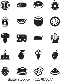 Solid Black Vector Icon Set - cake vector, sausage, piece of cheese, pizza, mushroom, slice, with a hole, fried potato slices, popcorn, cup, cone, pancakes, quince, tasty raspberry, mulberry