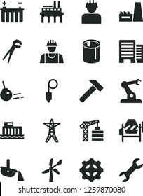 Solid Black Vector Icon Set - tower crane vector, builder, concrete mixer, adjustable wrench, buildings, plummet, hammer, core, wind energy, battery, hydroelectric station, power line, thermal plant