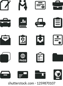 Solid Black Vector Icon Set - folder vector, download archive data, bookmark, suitcase, received letter, passport, pass card, drawer, notes, survey, copy, statistical overview, book on statistics