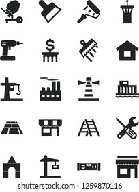 Solid Black Vector Icon Set - box of bricks vector, dwelling, concrete mixer, small tools, cordless drill, paint roller, ladder, building level, putty knife, spatula, paving slab, kiosk, industrial