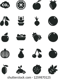 Solid Black Vector Icon Set - lettuce in a plate vector, beet, strawberries, pear, orange, mint, cherry, ripe peach, half pomegranate, branch of grape, apricot, strawberry, cornels, lemon, juicy