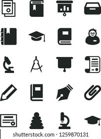 Solid Black Vector Icon Set - book vector, stacking rings, notebook, drawer, square academic hat, clip, scribed compasses, pencil, research article, scientific publication, presentation, microscope