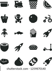 Solid Black Vector Icon Set - wicker pot vector, tumbler, children's potty, train, child bicycle, Kick scooter, apple pie, cabbage, piece of meat, peper, fried potato slices, small fish, fig, rocket