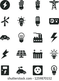 Solid Black Vector Icon Set - lightning vector, saving light bulb, dangers, solar panel, wind energy, battery, power pole, socket, industrial building, mercury, electric car, transport, oscilloscope