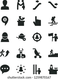 Solid Black Vector Icon Set - woman vector, summer stroller, garden trolley, index finger, speech, racer, man in sight, scientist, arrow up, carrer stairway, hold flag, with ladder, stars around